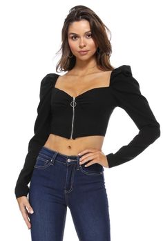 Black Crop Top Bubble Sleeve Long Sleeves Zip Up Front 95% Polyester 5% Spandex Black Elastane Crop Top For Fall, Fitted Black Tops With Zipper Closure, Black High Stretch Top With Zipper Closure, Black Cropped Top With Zipper Closure, Chic Black Top With Zipper Closure, Black Long Sleeve Elastane Crop Top, Stretch Tops With Zipper Closure For Night Out, Stretch Tops With Zipper For Night Out, Black Crop Top With Zipper For Night Out