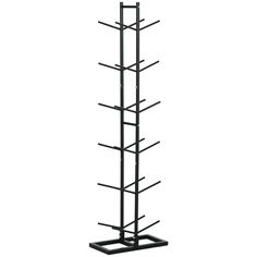 a black metal rack with multiple shelves on it's sides and one shelf in the middle