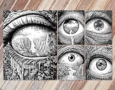 four different pictures of an eye with trees and mountains in the background, one is black and white