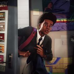 an animated image of a man in a suit and tie standing next to a vending machine