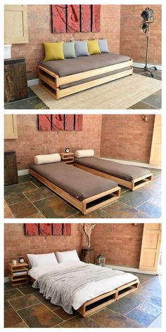 the bed is made out of pallet wood and has pillows on it, but no sheets