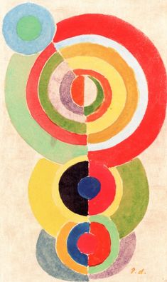 an abstract painting with many colors and shapes on it's surface, including circles