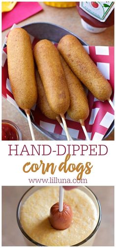 corn dogs on skewers with peanut butter and ketchup