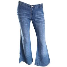 Vintage Moschino 1990s Does 1970s Size 10 Low Rise Bell Bottom Flared Blue Jeans | From a collection of rare vintage jeans at https://www.1stdibs.com/fashion/clothing/pants/jeans/ Black Cropped Trousers, Disco Jumpsuit, Vintage Moschino, Boho Denim, Low Rise Flare Jeans, Flare Denim Jeans, Moustaches, Clothing Pants, Slim Trousers