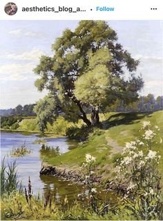 an oil painting of a tree by the water's edge with wildflowers in foreground