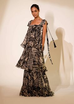 Nikita Mhaisalkar-White Abstract Print Tiered Maxi Dress-INDIASPOPUP.COM Tiered Gown, Gown For Women, Maxi Dress Sale, Gowns Online, Tiered Maxi Dress, Maxi Gowns, Dress Sewing Patterns, Tiered Dress, Asian Fashion