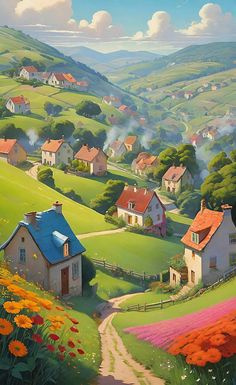 a painting of a rural landscape with houses and flowers