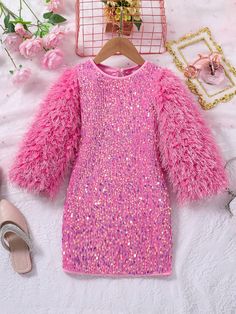 Young Girl Elegant Beaded Long Sleeve Dress For Party, Autumn And Winter Hot Pink Party  Long Sleeve Woven Fabric Plain Fitted Slight Stretch  Young Girls Clothing, size features are:Bust: ,Length: ,Sleeve Length: Christmas Gown, Embellished Party Dress, Pink Sweater Dress, Dress For Party, Pink Party, Feather Dress, Pink Sequin, 10th Birthday, 7th Birthday