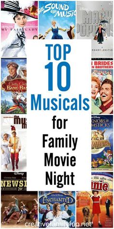 the top 10 musicals for family movie night is featured in this postcard image