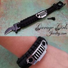 two different views of the same bracelet with a knife on one side and an arrow on the other