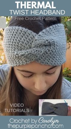 a girl wearing a headband made from crochet and the text, free croche