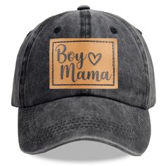 a gray hat with the word boy mama on it and a brown leather patch in the middle