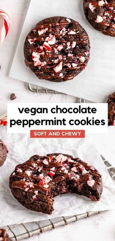 vegan chocolate peppermint cookies on a cooling rack with one cut in half