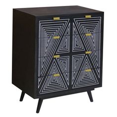 a black and white cabinet with geometric designs on the front, two gold pulls at the bottom