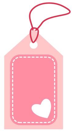 a pink tag with a white heart on it and a red string hanging from the top