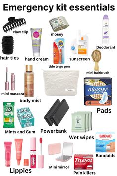 Emergency kit essentials, money, claw clip, hair ties, hand cream, deodorant, mini hair brush, tide to go pen, sunscreen, pads, wet wipes, band aids, power bank, pain killers, lip combo, mini mirror, body mist, mini mascara, mints and gum, Back to school Emergency Beauty Kit, Work Hygiene Kit, Hair Kit Essentials, Emergency Makeup Kit, Mini Hygiene Kit, Work Emergency Kit Women, School Emergency Kit Essentials, Hygiene Kit For School, Emergency Kit Essentials