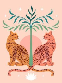 two cats sitting next to each other on top of a pink background with green leaves