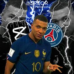 the soccer player is pointing to his left side with lightning behind him and paris's face in the background