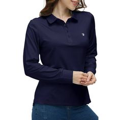 Moisture wicking & odor resistance performance, keep you cool during golf and qiuck dry.If you don't golf in winter or autumnthese women polo shirts can also warm you cold dayswearing comfortable all season. Size: S.  Color: Blue.  Gender: female.  Age Group: adult. Fitted Long Sleeve Golf Tops, Fitted Long Sleeve Tops For Golf, Classic Long Sleeve Golf Top, Long Sleeve Cotton Polo Shirt For Golf, Cotton Long Sleeve Polo Shirt For Golf, Fitted Long Sleeve Polo Shirt For Golf, Collared Tops For Golf, Casual Long Sleeve Golf Tops, Casual Long Sleeve Tops For Golf