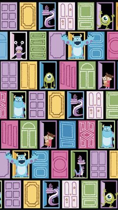 an image of cartoon characters in front of doors with monsters and cats on the door