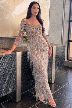 Aleya Long Sleeve Beaded Dress | Modest Evening Wear by Iyza Belaar – B Chic Fashions Long Sleeve Prom Dress, Modest Evening Gowns, Prom Dress Beaded, Sleeve Prom Dress, Dress With Tassels, Gowns Couture, Champagne Evening Dress, Formal Occasion Dress, Long Sleeve Evening Gowns