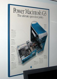 an advertisement for the apple computer is displayed on a wall with information about its components