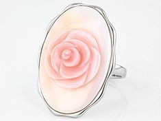 Pacific Style™ 30x20mm Hand Carved Pink Conch Shell Rhodium Over Silver Rose Ring.  Measures approximately 0.91"L x 1.24"W. 0.10" shank. Oval Rose Jewelry With Rose Design, Rose Oval Jewelry With Rose Design, Silver Rose Ring, Rose Ring, Conch Shell, Silver Roses, Conch, Heart Ring, Hand Carved