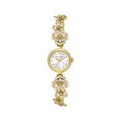 A pretty floral bracelet or timepiece? The Monroe women’s quartz watch from Kate Spade New York is both. 20mm gold-tone stainless steel case White mother-of-pearl dial, gold-tone hands and markers, crystal dial details, smooth bezel, and mineral crystal Baguette-cut and round crystals adorn the ornate flower link bracelet Gold-tone stainless steel bracelet; fold-over clasp Water-resistant to 30 meters Kate Spade Bracelet, Antique Costume Jewelry, Floral Bracelet, Baguette Cut, Women's Watch, Bracelet Gold, Minerals Crystals, Steel Bracelet, Kate Spade New York