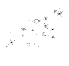 the stars and planets are drawn in black ink on a white paper with space shuttles