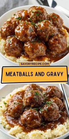 meatballs and gravy in a white bowl on top of mashed potatoes