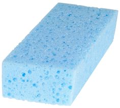 a blue foam sponge is shown on a white background with water droplets all over it