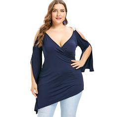 Plus Size Open Shoulder Color Blocking Surplice Top - Deep Blue - 3783221112 - Original Design-Women's Clothing, Blouses, Long-sleeved Blouses  #LongsleevedBlouses #Original #DesignWomen's #Clothing # #Blouses # #Longsleeved #Blouses Plus Size Tips, Open Shoulder Blouse, Asymmetric Top, Surplice Top, Blouse Price, Women's Casual Style, Bridal Robes, Asymmetrical Tops, Cold Shoulder Top