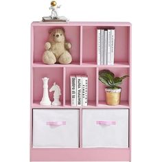 a pink bookcase with white drawers and stuffed animals