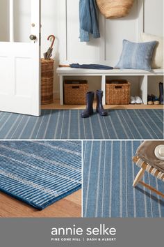 an entryway with blue and white striped rugs