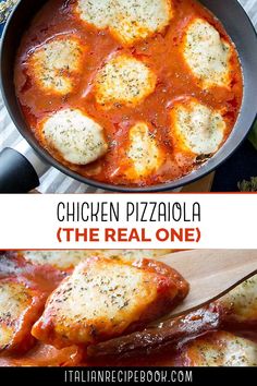 chicken pizza with tomato sauce in a skillet and the recipe is shown above it