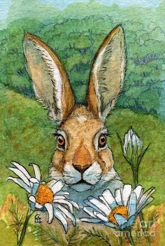 a painting of a rabbit with daisies in its mouth