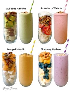 six smoothies with different toppings in them