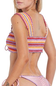 Dainty front ties lend flirty flair to this crocheted bikini top with multicolored stripes. Ties at front Lined, with removable soft cups 100% cotton with 85% polyester, 15% elastane backing Hand wash, dry flat Made in Peru Hispanic & Latinx Owned/Founded Striped Crochet Top For Summer, Multicolor Crochet Beachwear Top, Multicolor Cropped Crochet Top For Beach, Multicolor Crochet Beachwear Top For Beach Party, Multicolor Crochet Top For Beach Party, Multicolor Cropped Crochet Top For Vacation, Multicolor Crochet, Soft Cup, Crochet Bikini