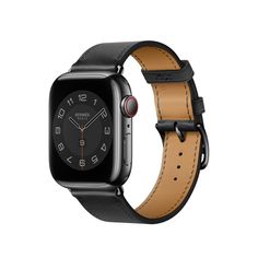 an apple watch with black leather band