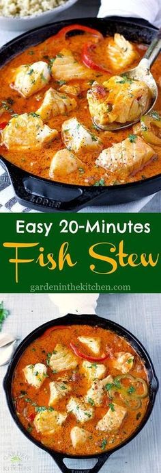 fish stew in a skillet with text overlay that reads easy 20 - minutes fish stew