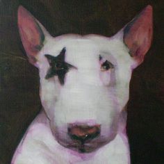 a painting of a white dog with black stars on it's ears