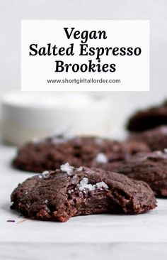 chocolate vegan salted espresso cookies on a white surface with text overlay