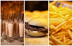 there are three pictures with different foods and drinks in them, one is hamburger and the other has french fries