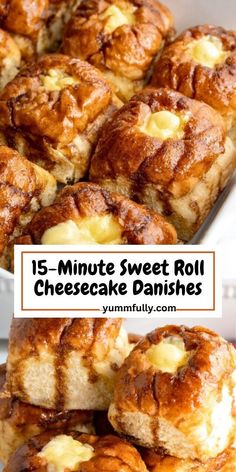 several different types of cheesecake danishes stacked on top of each other with the words 15 - minute sweet roll cheesecake danishes