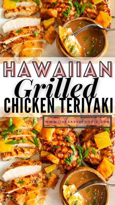 the hawaiian grilled chicken teriyaki is ready to be eaten and served in bowls