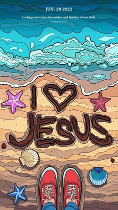 a poster with the words i love jesus written on it and two pairs of shoes