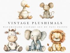 vintage plush animals watercolor clipart set