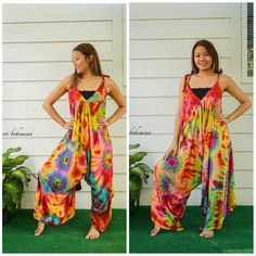 "💥One Size Fits Most Comfortable Tie Dye Hippie Jumpsuits Rompers Pants, Hippie Dress, Wide Legs Jumpsuits, Festival Clothings, Summer Clothing, Harem Dress, Beach Wear 👉Fabric: 100% Soft and Breathable Rayon 👉Adjustable Tie shoulders 👉Boho/Hippie /Festival/Beach/Tropical/Fancy/UniqueTheme 👉Jumpsuit Length: 48\" 👉Straps Length: 19\" 👉Bust up to 55\" 👉Hip up to 60\" 👉 Tie Dye Method 👉The back is identical to front pattern 👉Flowy open legs 👉One Size Fits S-XL 👉Extremely comfortable No Bohemian Multicolor Harem Pants For Vacation, Bohemian Harem Pants For Summer Loungewear, Bohemian Flowy Harem Pants For Beach, Bohemian Summer Harem Pants For Festivals, Bohemian Multicolor Harem Pants For Beach, Bohemian Cotton Jumpsuits And Rompers For Vacation, Bohemian Cotton Jumpsuit For Vacation, Hippie Multicolor Jumpsuits And Rompers For Beach, Bohemian Multicolor Jumpsuits And Rompers For Spring