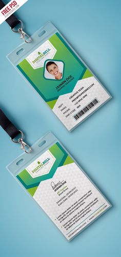 two id cards with lanyards attached to each other on a blue and green background