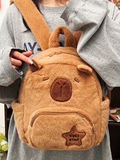 Marrón Casual,Dulce Collar  Franela Dibujos animados Mochila clásica Embellished Women Backpack Fashion, Plush Bags, Plush Backpack, Fur Bag, Classic Backpack, Cute Plush, Casual Bags, Cartoon Styles